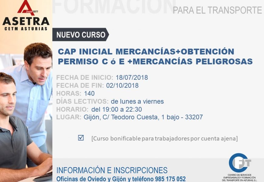 Curso cap inicial mercancías más obtención permiso C o E más mercancias peligrosas.