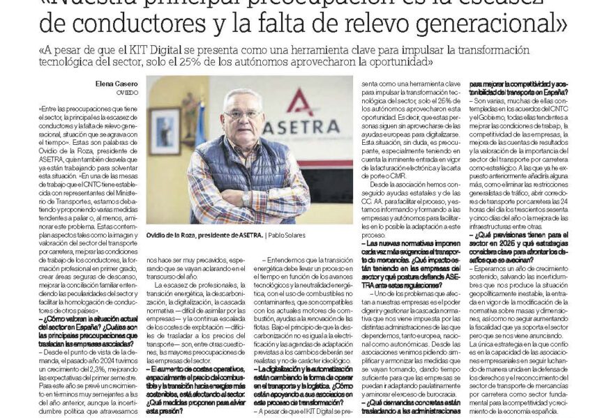 Ovidio de la Roza en La Nueva España «Nuestra principal preocupación es la escasez de conductores y la falta de relevo generacional»