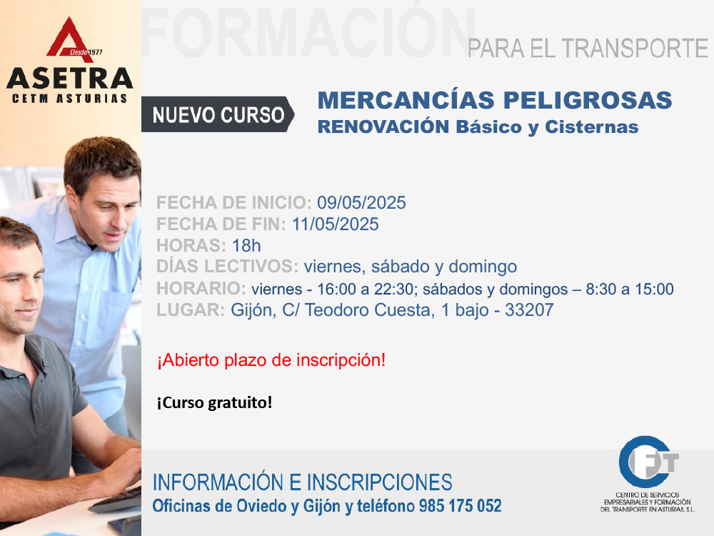 Detalles curso de renovación de mercancías peligrosas básico y cisternas en Gijón