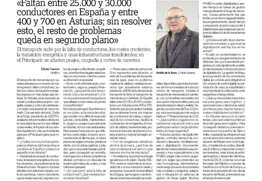 Ovidio de la Roza en La Nueva España «Faltan entre 25.000 y 30.000 conductores en España y entre 400 y 700 en Asturias» Ovidio de la Roza en La Nueva España «Faltan entre 25.000 y 30.000 conductores en España y entre 400 y 700 en Asturias»